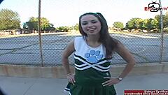 The petite brunette college student with small tits gets picked up and fucked in the car