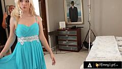 Sensual blonde babe enjoys a steamy lesbian encounter with her busty stepmom on prom night