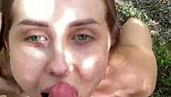 Blonde Deepthroats Rough in Park Cumshot