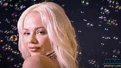 Stunning blonde bombshell Elsa Jean undresses in a large bowl revealing her beauty