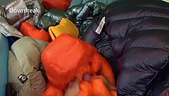 20 down jackets float in inflatable pool with silk nylon satin