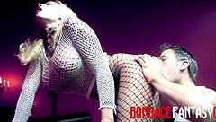 The guy says, 'I can't wait,' and rips mistress's fishnets for anal fucking