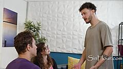 Tiny cute girl with glasses craves a wild threesome every day