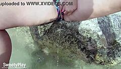 Milf Inserts Pee Hole Outdoor on Beach with Piss Flow