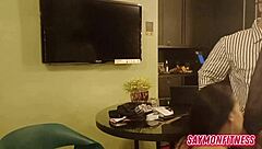 Mature milf with natural tits enjoys tasting secretary's wake