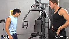 Gay anal play in a gym setting