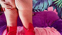 sexy girl in harley quinn cosplay undresses and fucks hairy pussy with huge red dildo.