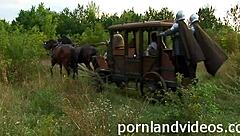 Horny warriors fuck sexy blonde bitch in anal threesome