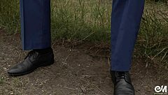 suited gay men strip and box naked outdoors with neighbors watching