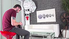 sexy tattooed brunette enjoys handjob and blowjob in casting