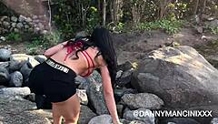 Athletic woman enjoys outdoor sex with a nudist on the beach