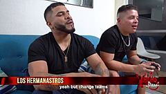 Two muscular men with big penises have a threesome with a petite Venezuelan redhead on the sofa