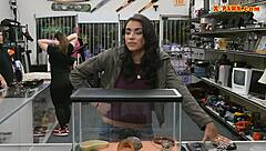 busty brunette with piercings gives blowjob to pawn dude on hidden cam