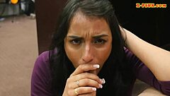 busty brunette with piercings gives blowjob to pawn dude on hidden cam