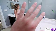 Tiffany Fox seduces her stepson with her feet and boobs in the bathroom
