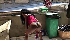 Ebony Teens Explore Amateur Fun in Laundry Room Daylight.