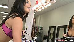 real milf babe stroking hard cock close up with big tits in pov.