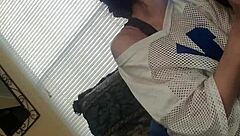 Petite brunette wife bent over wearing my jersey, fucking with big cock?