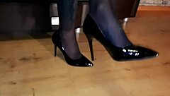 Slave worships legs in pointed shoes, kisses and licks fetish feet