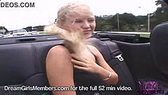 A stunning blonde babe flaunts her assets while riding in a convertible