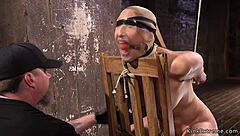 Waxed slave suffers back arch hogtie bondage and rough fucking