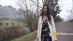 Deep throat competition in public outdoor setting