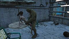 in fallout 4, sexy brunette gets good fuck from mutant with monster cock