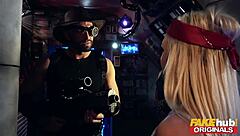 Sophia Anderson, a cosplaying spacer, engages in a steamy threesome with a pilot-cum-bounty hunter in a spaceship