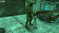 in fallout 4, sexy brunette gets good fuck from mutant with monster cock