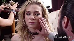 Blonde gets tied up and rims ebony slave roughly