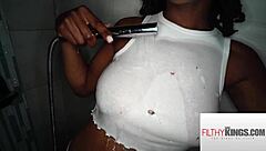 Gorgeous busty ebony babe sucks huge cock in shower! Handjob and interracial action explode.