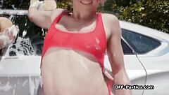 Three Sluts Perform Foursome At Car Wash