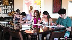 Teen tutor sneaks quickie with pizza guy while students study nearby in same room