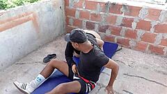 Wife's horny friend provokes me on terrace with blowjob and cum on tits.