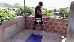 Wife's horny friend provokes me on terrace with blowjob and cum on tits.