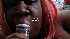 Mimi, a promiscuous transsexual woman, performs a rapid oral sex act on a man's penis.