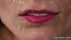 Naughty honey eats cream after jizz facial in blowbang