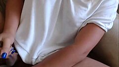 Blonde Transsexual Cums on Herself on Live Cam. She Wanks Big Tits