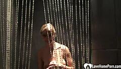 cute blonde babe naked in shower, shaved and horny