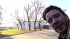 Horny Brunette Stops Car for Spooning Sex and Cum on Tits?