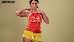 Polina Barna’s saggy tits bounce during her flexible naked workout on sofa.