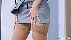 Gorgeous office babes in stockings do striptease