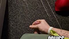 curvy bbw amateur rides a sex toy in her public kitchen, watched by onlookers