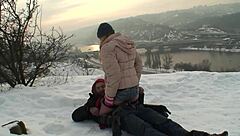 blonde bitch with small tits gets her hairless pussy fucked outdoor until she orgasms.