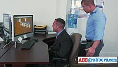 gay stud gives employee hardcore in office costumes