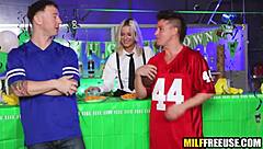 Hot Blonde Babe In Uniform Gets Freeused By Football Fans In Group Threesome