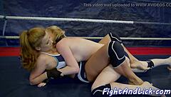 glamour babes wrestle while licking shaved pussies