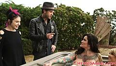 Curvy goth emo gets her big tits sprayed with cum after face fucking. Pierced and bizarre.