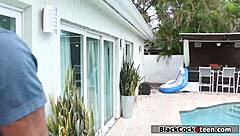 Slut babe deepthroats and rides monster cock in doggystyle with stepmom's black guy.