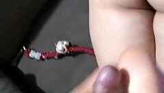 Amateur footjob leads to cumshot on small breasts